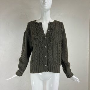 Ralph Lauren olive green cable knit cardigan with metal buttons.